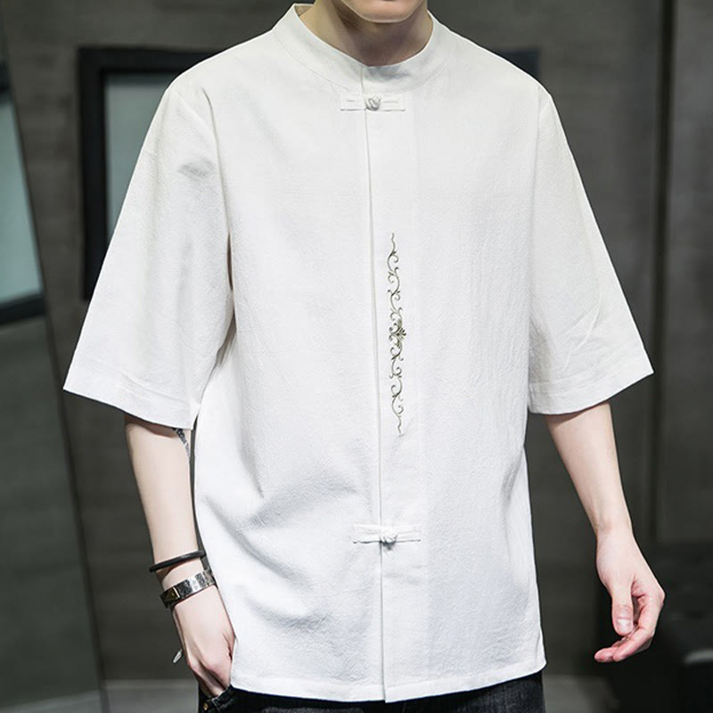 Camicia da uomo in cotone e lino con ricamo a bottone a forma di rana e motivo Buddha Stones Casual Solid Color. - image 28