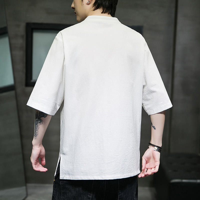 Camicia da uomo in cotone e lino con ricamo a bottone a forma di rana e motivo Buddha Stones Casual Solid Color. - image 26