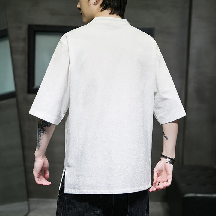 Camicia da uomo in cotone e lino con ricamo a bottone a forma di rana e motivo Buddha Stones Casual Solid Color. - image 26