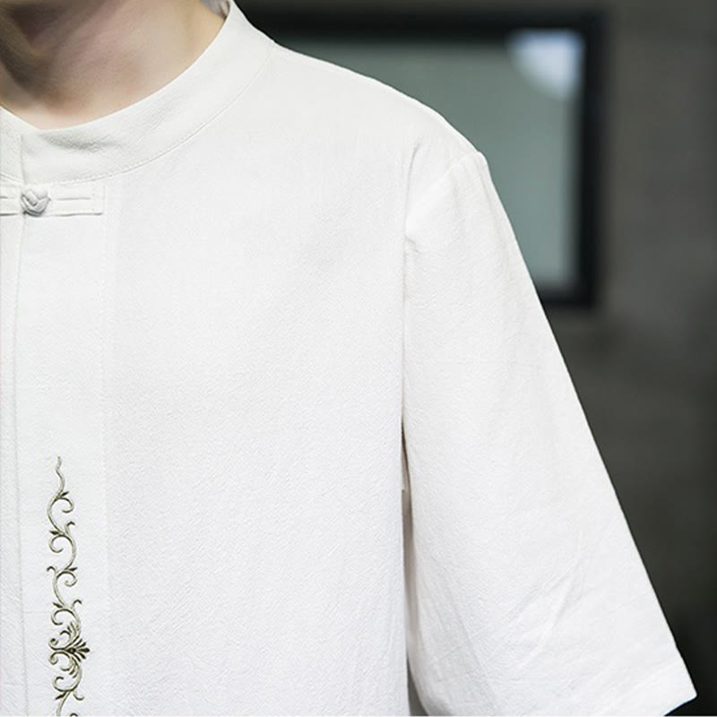 Camicia da uomo in cotone e lino con ricamo a bottone a forma di rana e motivo Buddha Stones Casual Solid Color. - image 29