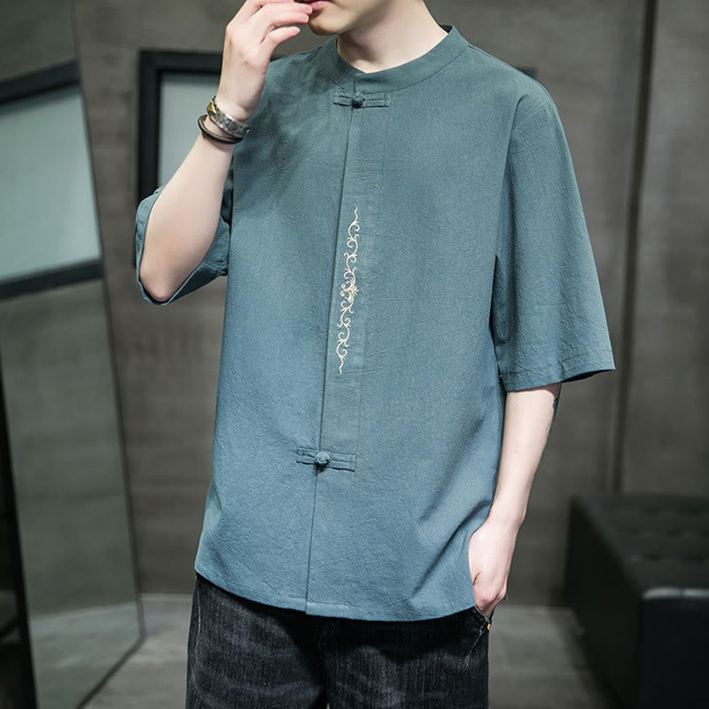 Camicia da uomo in cotone e lino con ricamo a bottone a forma di rana e motivo Buddha Stones Casual Solid Color. - image 4