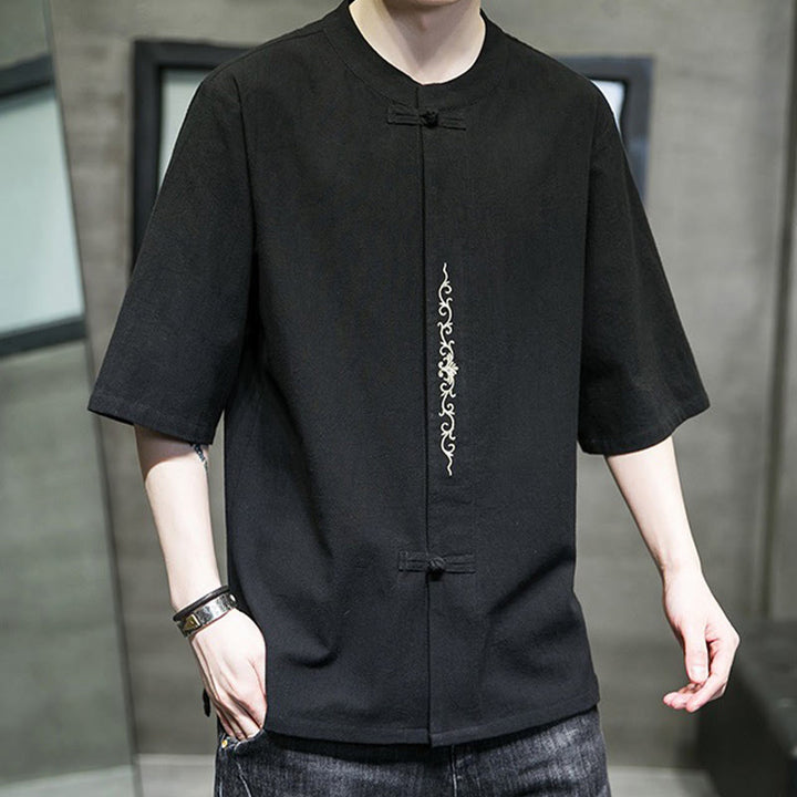 Camicia da uomo in cotone e lino con ricamo a bottone a forma di rana e motivo Buddha Stones Casual Solid Color. - image 23