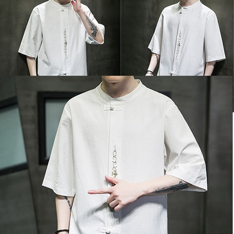 Camicia da uomo in cotone e lino con ricamo a bottone a forma di rana e motivo Buddha Stones Casual Solid Color. - image 32