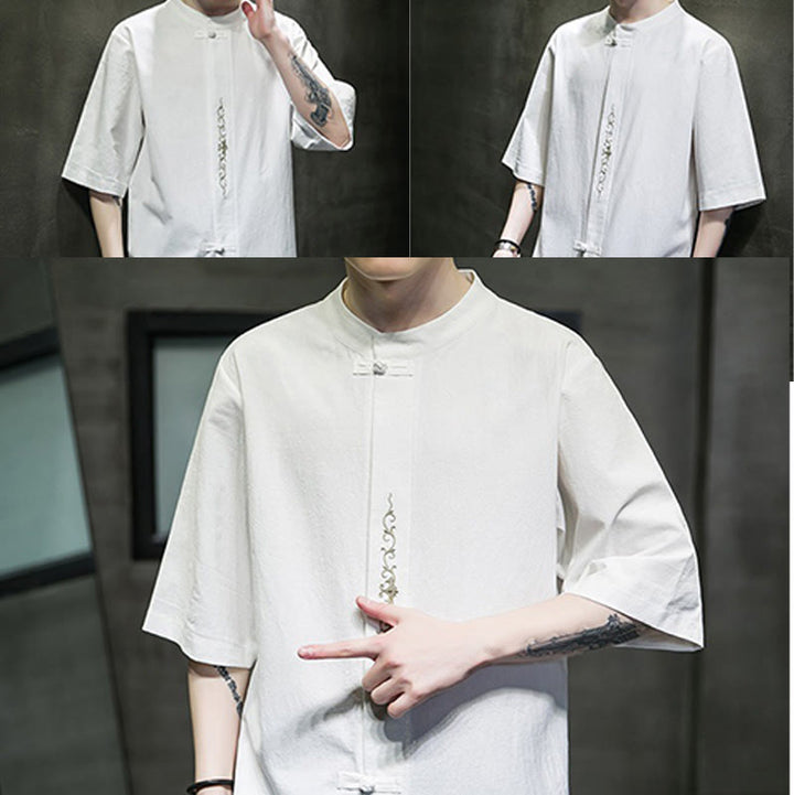 Camicia da uomo in cotone e lino con ricamo a bottone a forma di rana e motivo Buddha Stones Casual Solid Color. - image 32