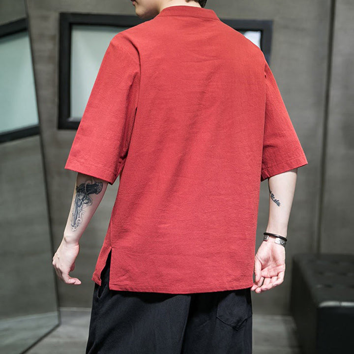 Camicia da uomo in cotone e lino con ricamo a bottone a forma di rana e motivo Buddha Stones Casual Solid Color. - image 15