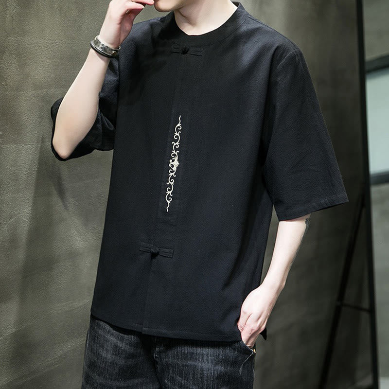 Camicia da uomo in cotone e lino con ricamo a bottone a forma di rana e motivo Buddha Stones Casual Solid Color. - image 20