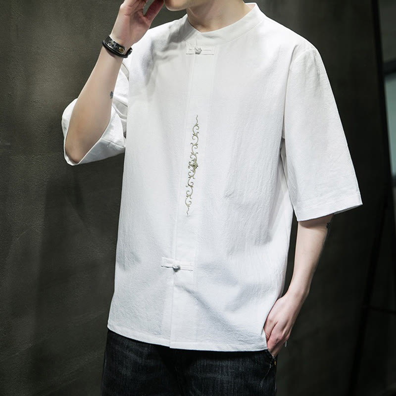 Camicia da uomo in cotone e lino con ricamo a bottone a forma di rana e motivo Buddha Stones Casual Solid Color. - image 27