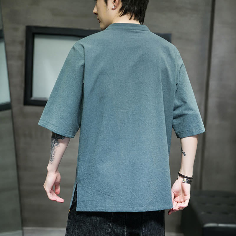 Camicia da uomo in cotone e lino con ricamo a bottone a forma di rana e motivo Buddha Stones Casual Solid Color. - image 3