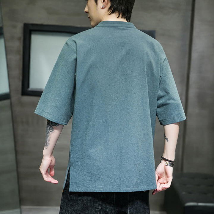 Camicia da uomo in cotone e lino con ricamo a bottone a forma di rana e motivo Buddha Stones Casual Solid Color. - image 3