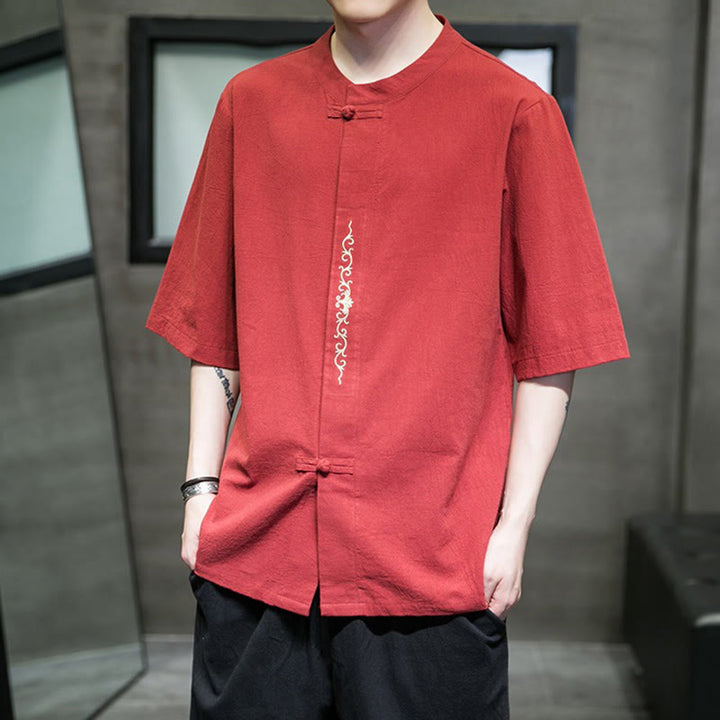 Camicia da uomo in cotone e lino con ricamo a bottone a forma di rana e motivo Buddha Stones Casual Solid Color. - image 13