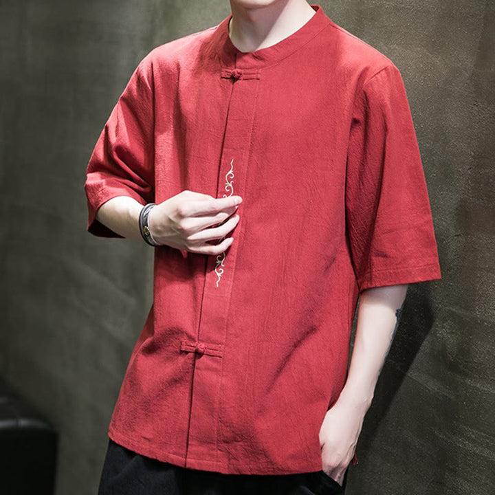 Camicia da uomo in cotone e lino con ricamo a bottone a forma di rana e motivo Buddha Stones Casual Solid Color. - image 14