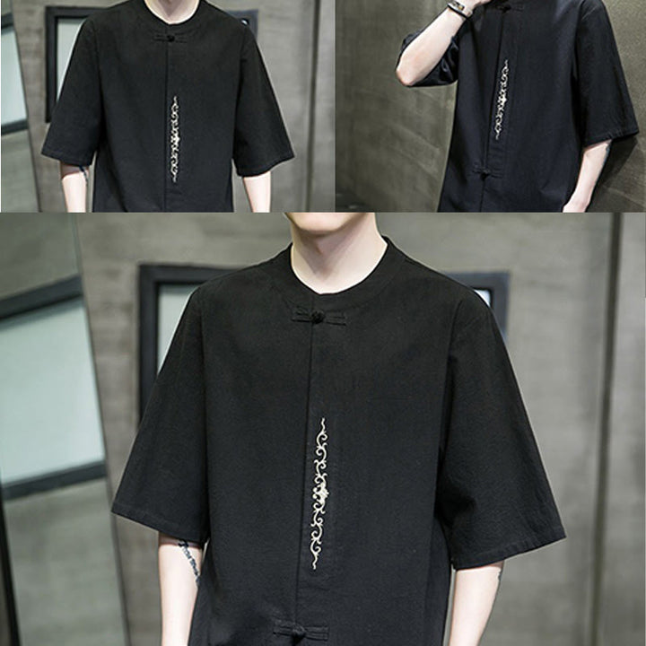 Camicia da uomo in cotone e lino con ricamo a bottone a forma di rana e motivo Buddha Stones Casual Solid Color. - image 24