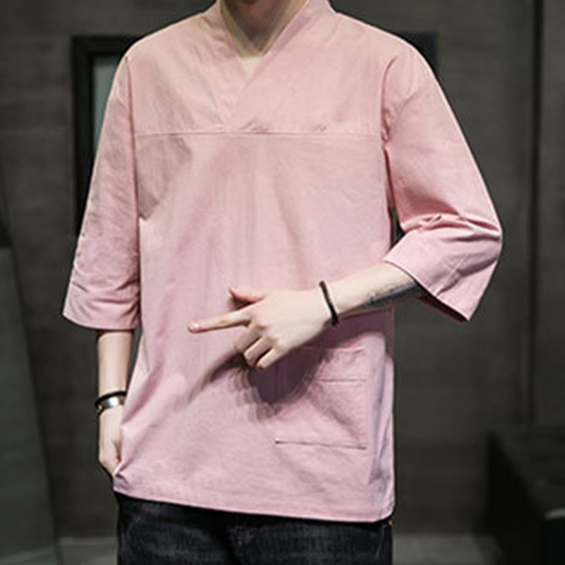 T-shirt da uomo in cotone e lino con maniche a tre quarti, stile casual estivo con scollo a V e tasca frontale, motivo Buddha Stones