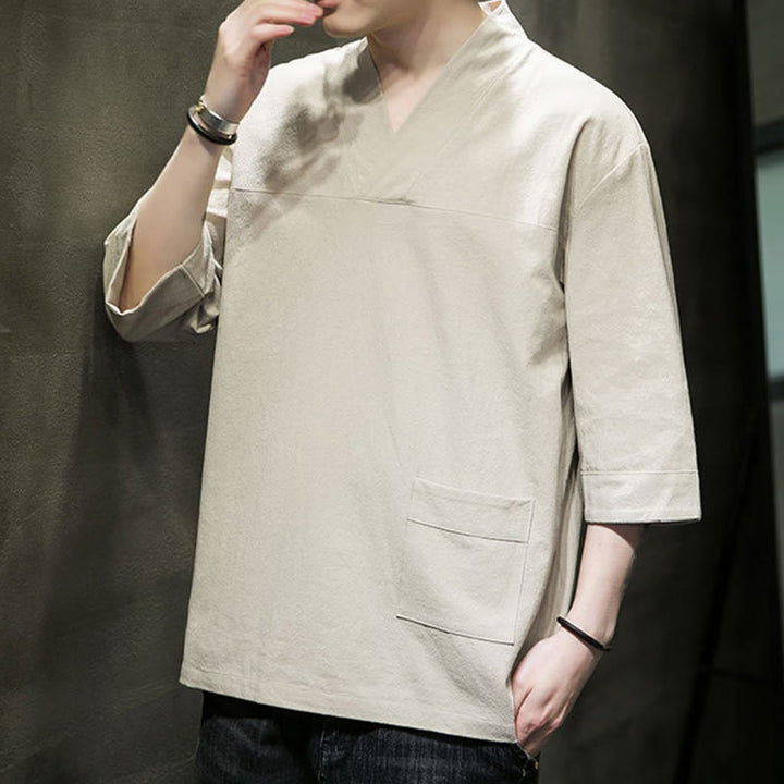 T-shirt da uomo in cotone e lino con maniche a tre quarti, stile casual estivo con scollo a V e tasca frontale, motivo Buddha Stones