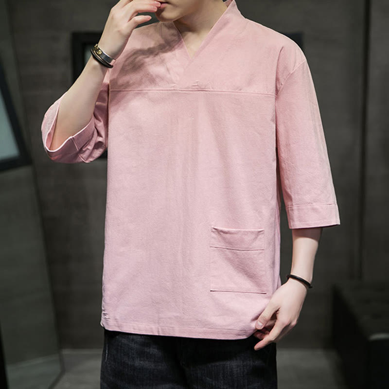 T-shirt da uomo in cotone e lino con maniche a tre quarti, stile casual estivo con scollo a V e tasca frontale, motivo Buddha Stones