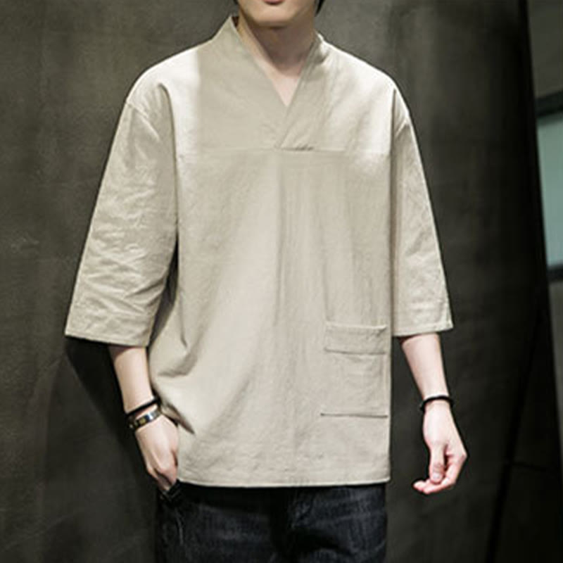 T-shirt da uomo in cotone e lino con maniche a tre quarti, stile casual estivo con scollo a V e tasca frontale, motivo Buddha Stones