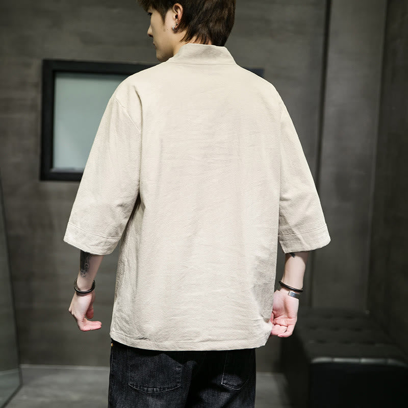 T-shirt da uomo in cotone e lino con maniche a tre quarti, stile casual estivo con scollo a V e tasca frontale, motivo Buddha Stones
