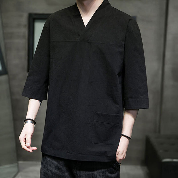 T-shirt da uomo in cotone e lino con maniche a tre quarti, stile casual estivo con scollo a V e tasca frontale, motivo Buddha Stones