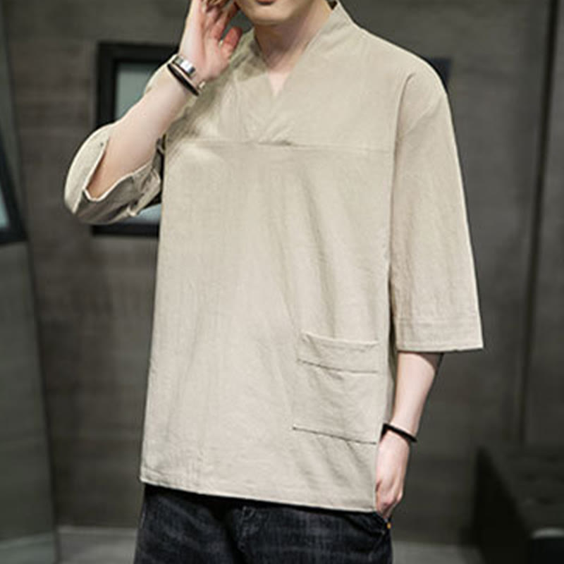 T-shirt da uomo in cotone e lino con maniche a tre quarti, stile casual estivo con scollo a V e tasca frontale, motivo Buddha Stones