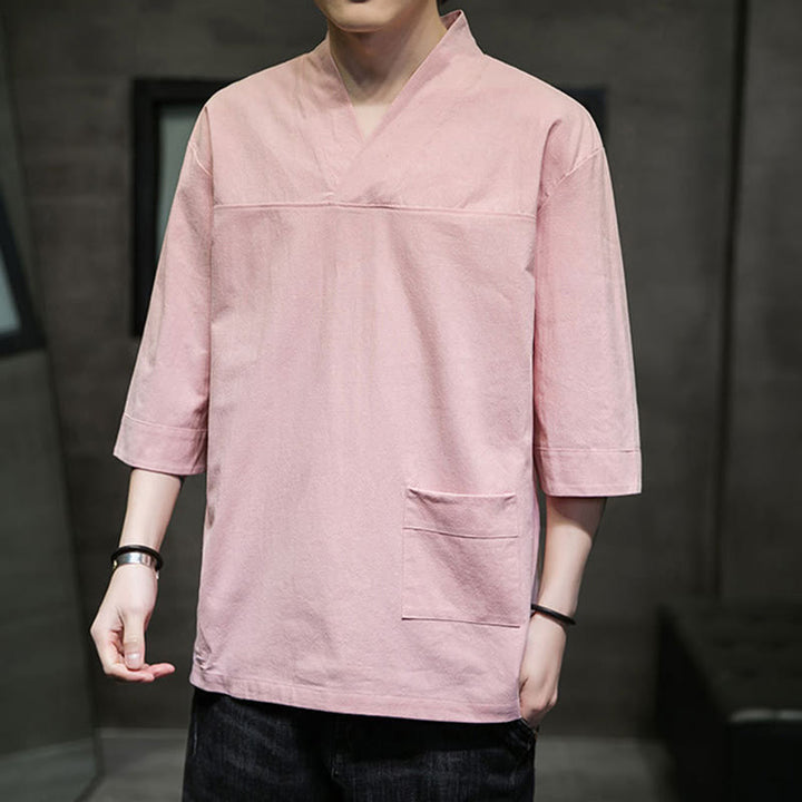 T-shirt da uomo in cotone e lino con maniche a tre quarti, stile casual estivo con scollo a V e tasca frontale, motivo Buddha Stones