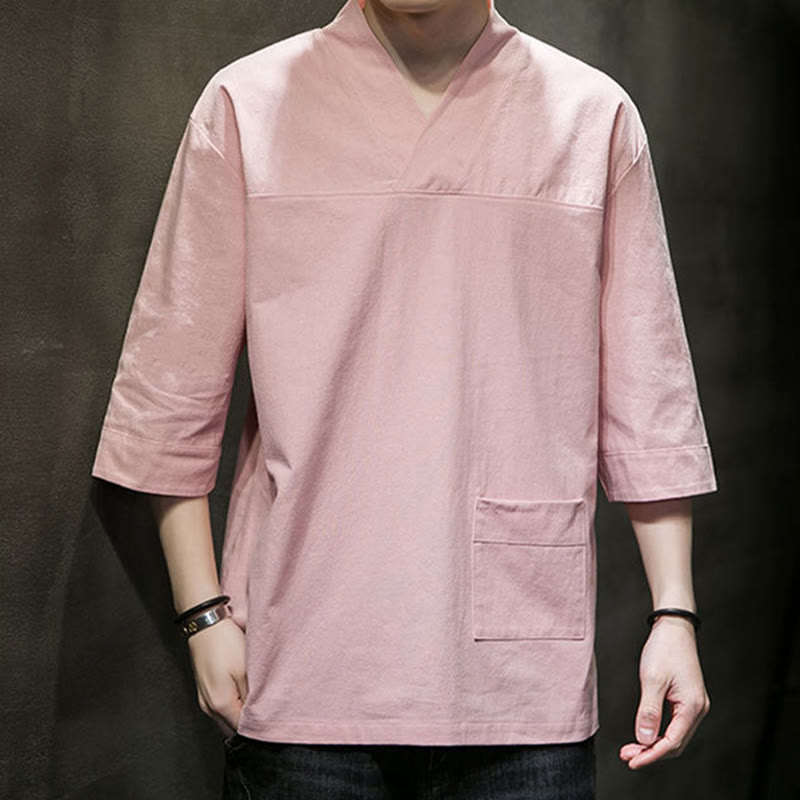 T-shirt da uomo in cotone e lino con maniche a tre quarti, stile casual estivo con scollo a V e tasca frontale, motivo Buddha Stones