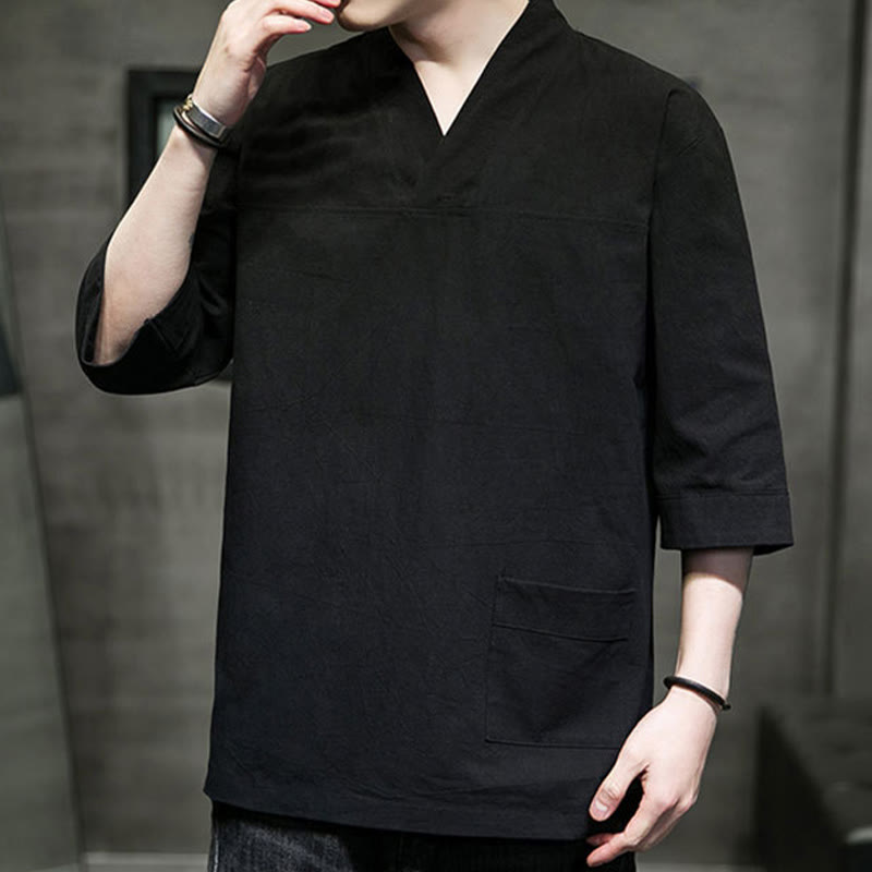 T-shirt da uomo in cotone e lino con maniche a tre quarti, stile casual estivo con scollo a V e tasca frontale, motivo Buddha Stones - image 22