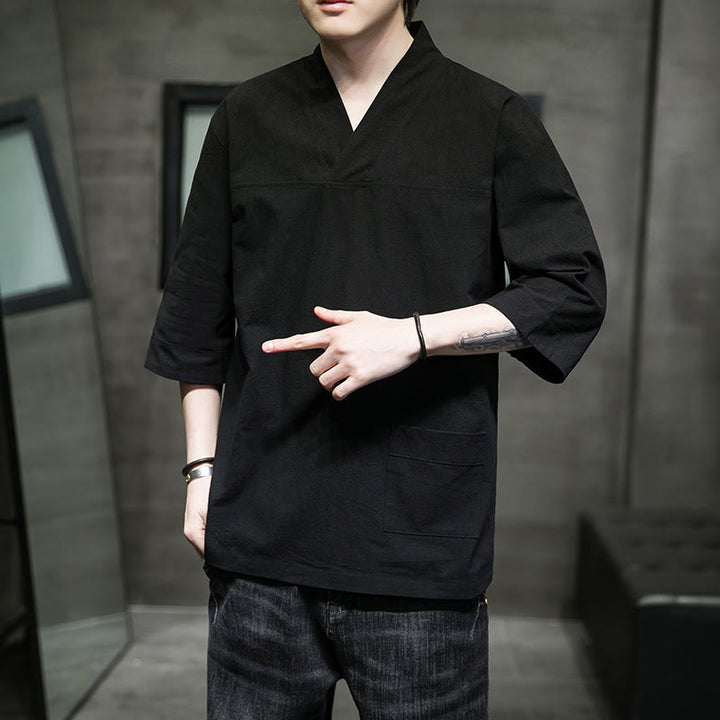 T-shirt da uomo in cotone e lino con maniche a tre quarti, stile casual estivo con scollo a V e tasca frontale, motivo Buddha Stones - image 18