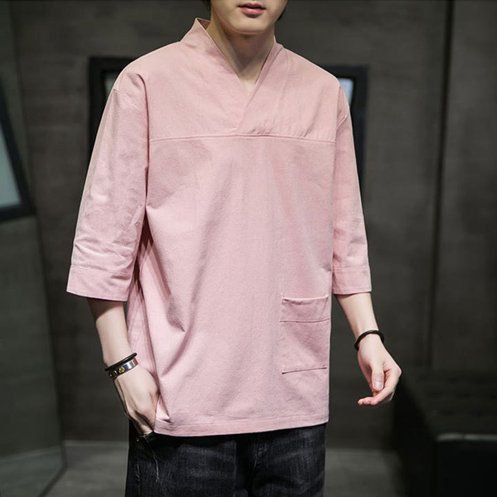 T-shirt da uomo in cotone e lino con maniche a tre quarti, stile casual estivo con scollo a V e tasca frontale, motivo Buddha Stones