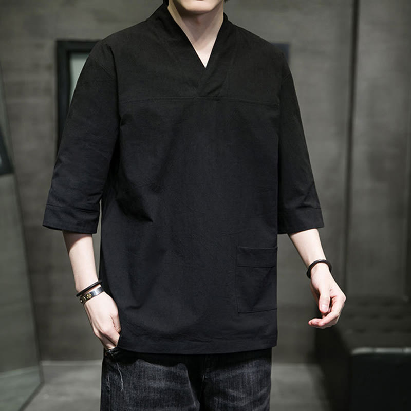 T-shirt da uomo in cotone e lino con maniche a tre quarti, stile casual estivo con scollo a V e tasca frontale, motivo Buddha Stones - image 21