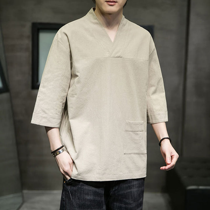 T-shirt da uomo in cotone e lino con maniche a tre quarti, stile casual estivo con scollo a V e tasca frontale, motivo Buddha Stones