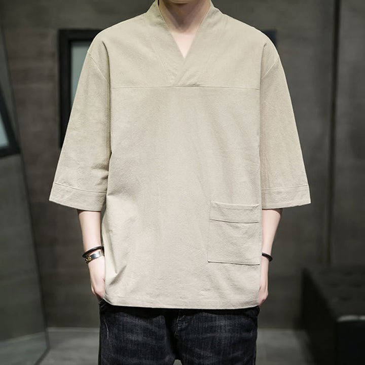 T-shirt da uomo in cotone e lino con maniche a tre quarti, stile casual estivo con scollo a V e tasca frontale, motivo Buddha Stones