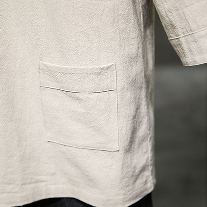 T-shirt da uomo in cotone e lino con maniche a tre quarti, stile casual estivo con scollo a V e tasca frontale, motivo Buddha Stones