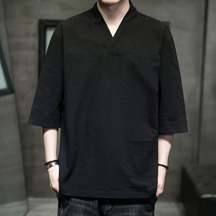 T-shirt da uomo in cotone e lino con maniche a tre quarti, stile casual estivo con scollo a V e tasca frontale, motivo Buddha Stones - image 20