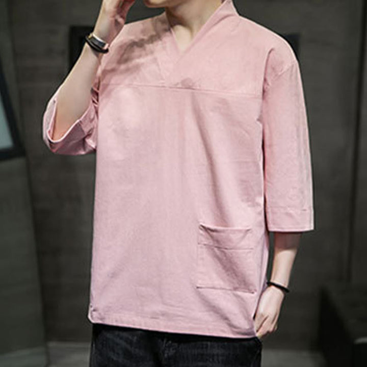 T-shirt da uomo in cotone e lino con maniche a tre quarti, stile casual estivo con scollo a V e tasca frontale, motivo Buddha Stones