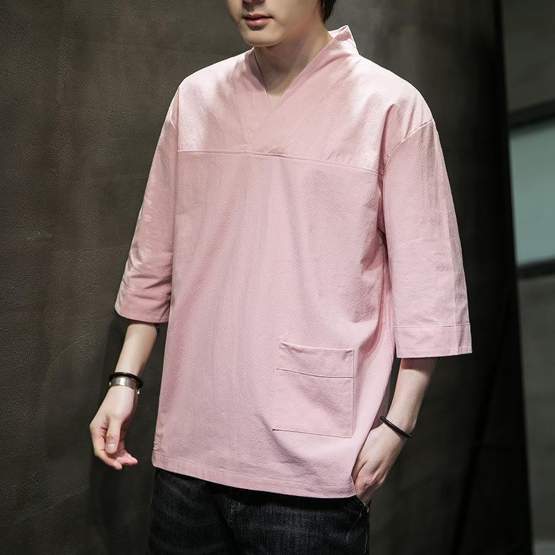 T-shirt da uomo in cotone e lino con maniche a tre quarti, stile casual estivo con scollo a V e tasca frontale, motivo Buddha Stones
