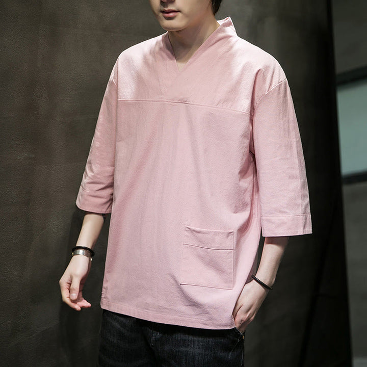 T-shirt da uomo in cotone e lino con maniche a tre quarti, stile casual estivo con scollo a V e tasca frontale, motivo Buddha Stones