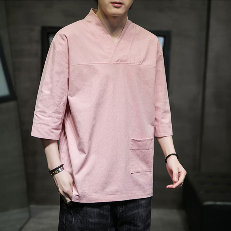 T-shirt da uomo in cotone e lino con maniche a tre quarti, stile casual estivo con scollo a V e tasca frontale, motivo Buddha Stones - image 11