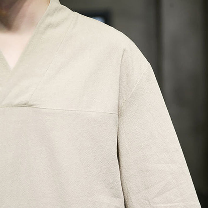 T-shirt da uomo in cotone e lino con maniche a tre quarti, stile casual estivo con scollo a V e tasca frontale, motivo Buddha Stones - image 8