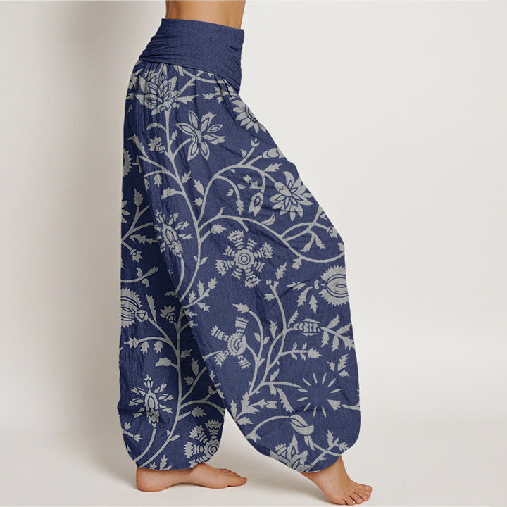 Pantaloni harem da donna con elastico in vita, motivo floreale, rami e viticci fluenti, in cotone, casual, con Buddha Stones - image 1
