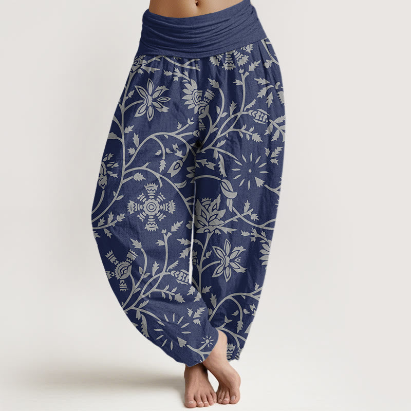 Pantaloni harem da donna con elastico in vita, motivo floreale, rami e viticci fluenti, in cotone, casual, con Buddha Stones - Marina - US22, UK/AU26, EU54 (6XL) - image 0