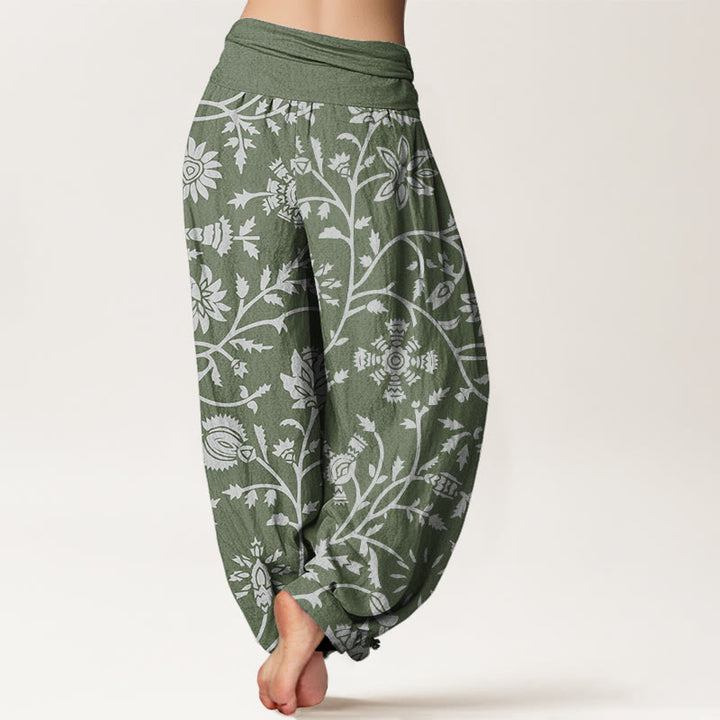 Pantaloni harem da donna con elastico in vita, motivo floreale con rami e viticci fluenti, motivo Buddha Stones - image 6