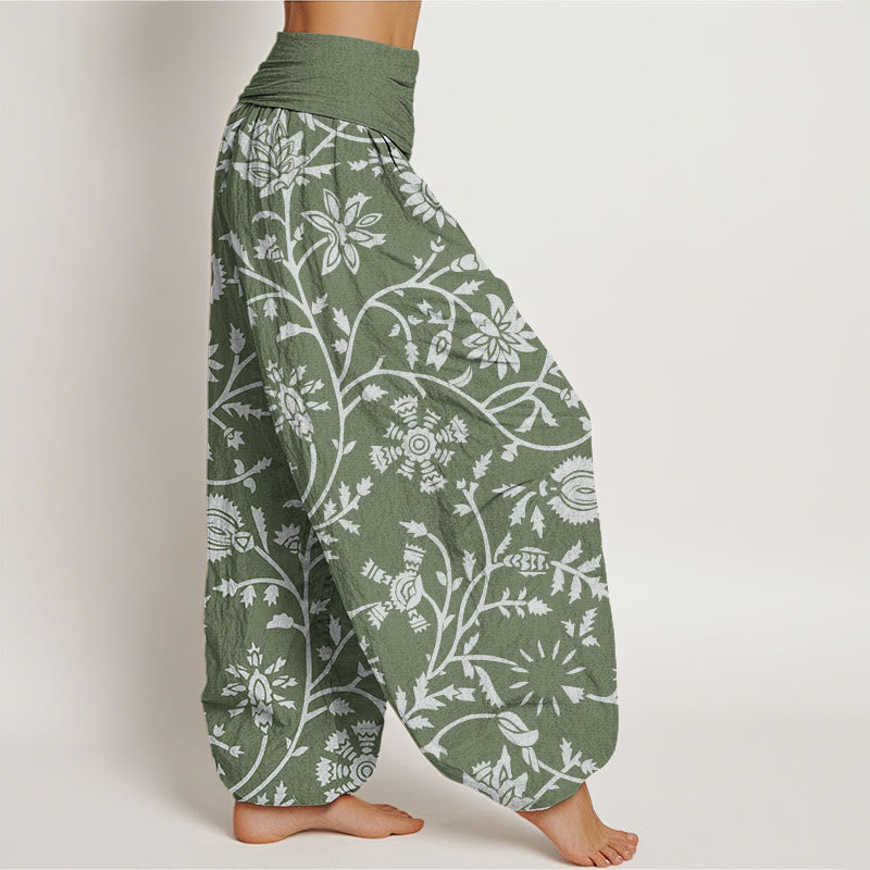 Pantaloni harem da donna con elastico in vita, motivo floreale, rami e viticci fluenti, in cotone, casual, con Buddha Stones - image 5