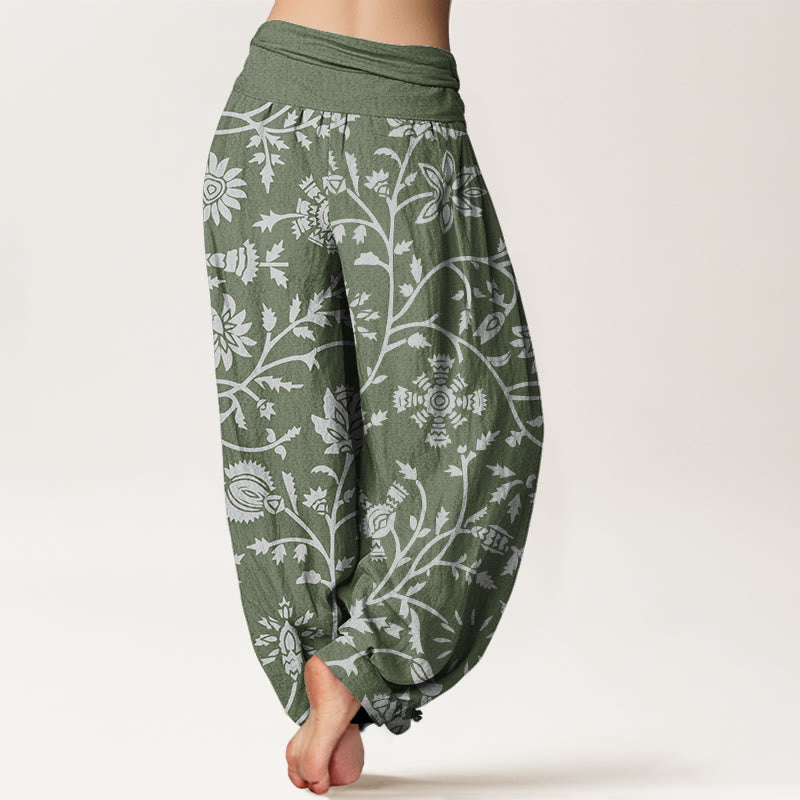 Pantaloni harem da donna con elastico in vita, motivo floreale con rami e viticci fluenti, motivo Buddha Stones - image 7