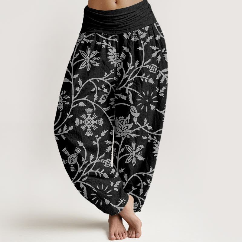 Pantaloni harem da donna con elastico in vita, motivo floreale, rami e viticci fluenti, in cotone, casual, con Buddha Stones - Nero - US22, UK/AU26, EU54 (6XL) - image 7