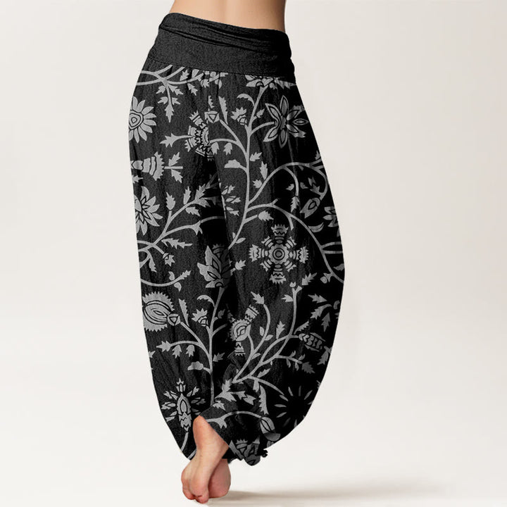 Pantaloni harem da donna con elastico in vita, motivo floreale con rami e viticci fluenti, motivo Buddha Stones - image 9