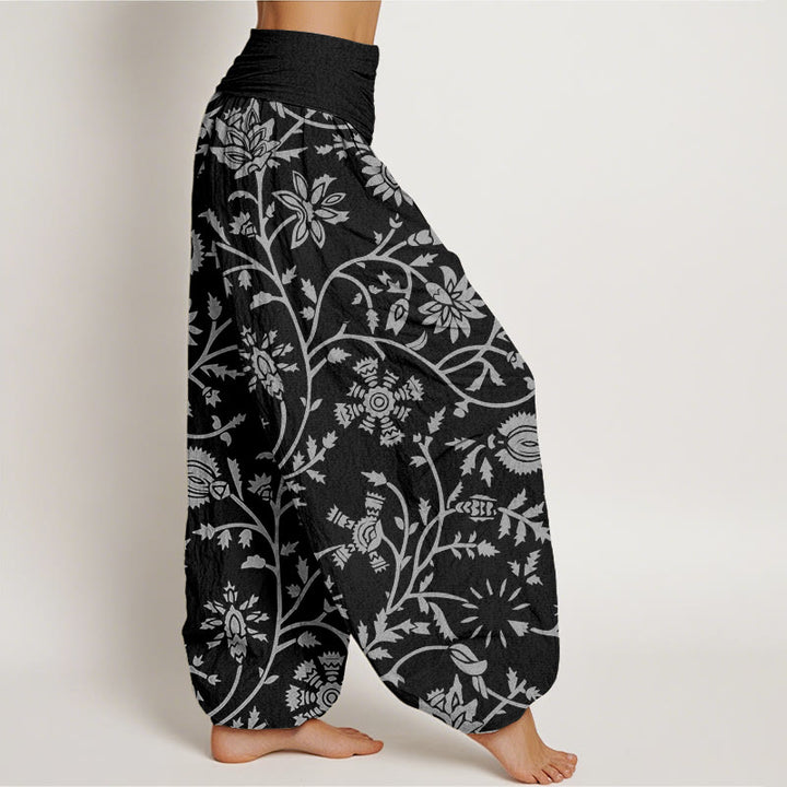 Pantaloni harem da donna con elastico in vita, motivo floreale con rami e viticci fluenti, motivo Buddha Stones - image 9