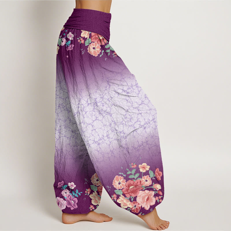Pantaloni harem da donna con elastico in vita, motivo floreale, rami frondosi e viticci fluenti, motivo Buddha Stones - image 2