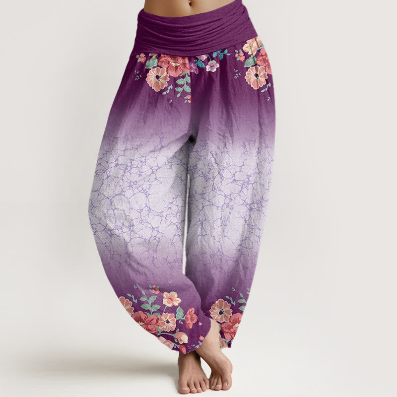 Pantaloni harem da donna con elastico in vita, motivo floreale, rami frondosi e viticci fluenti, motivo Buddha Stones - Magenta scuro - US22, UK/AU26, EU54 (6XL) - image 1