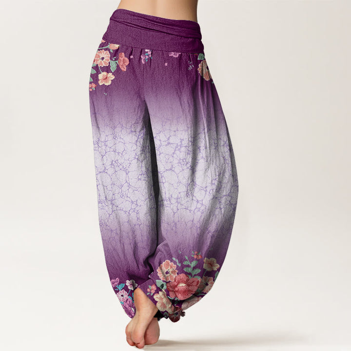 Pantaloni harem da donna con elastico in vita, motivo floreale, rami frondosi e viticci fluenti, motivo Buddha Stones - image 3