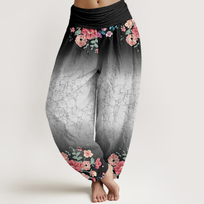 Pantaloni harem da donna con elastico in vita, motivo floreale, rami frondosi e viticci fluenti, motivo Buddha Stones - Nero - US22, UK/AU26, EU54 (6XL) - image 5